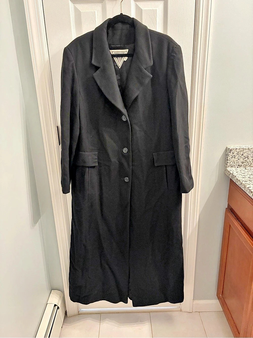 Marvin Richards Black Vintage 100% Cashmere Long Peacoat Size 16 Like New